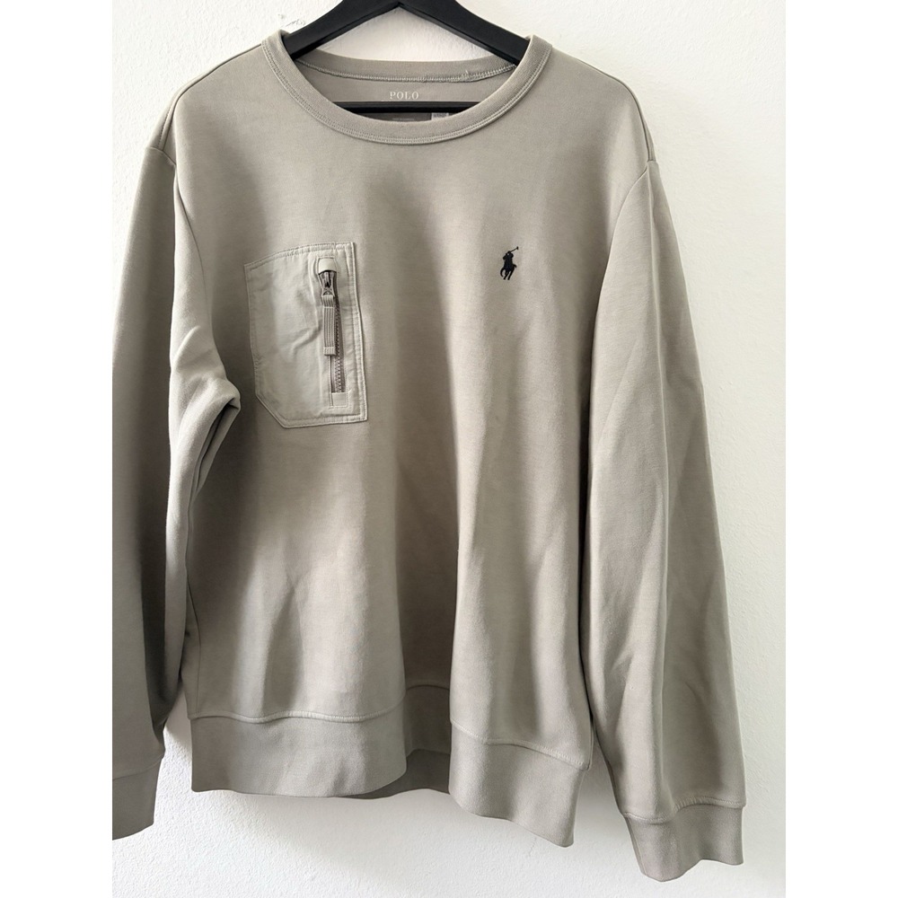 Polo Ralph Lauren Men's Sweatshirt Large Gray Beige Utility Pocket Crewneck